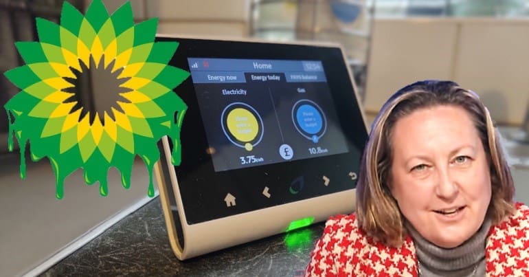 A smart meter, the BP logo and Tory minister Anne Marie Trevelyan