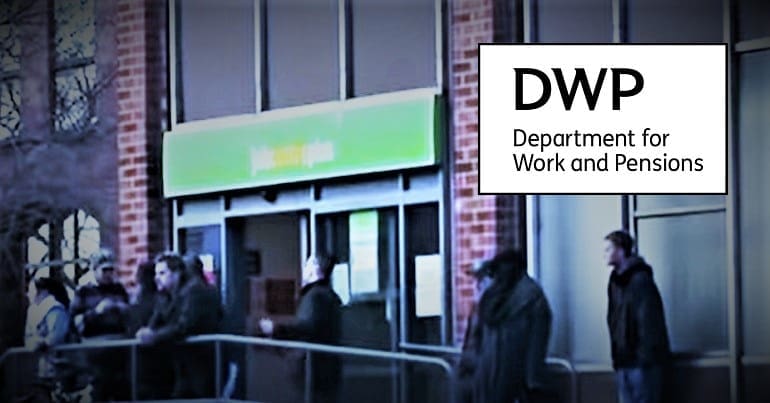 DWP Jobcentre Queue with the DWP benefits Logo Universal Credit Tax Credits