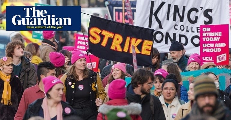 A picture of a strike rally and the Guardian logo