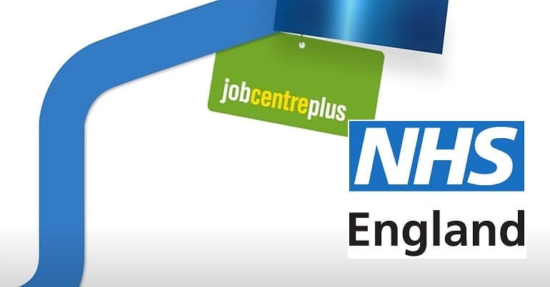 The DWP Jobcentre logo and NHS England logo