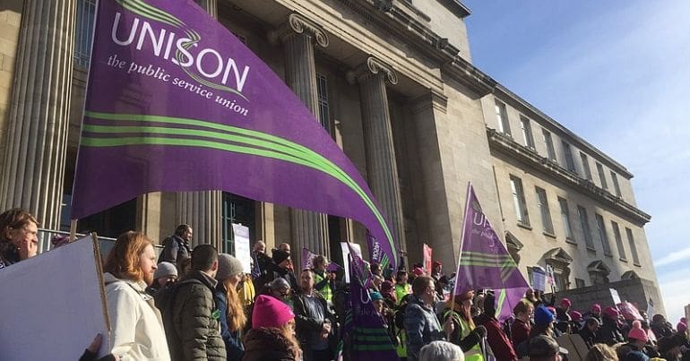 a Unison picket line - representing the Tories new anti-strikes law which the JCHR has intervened in