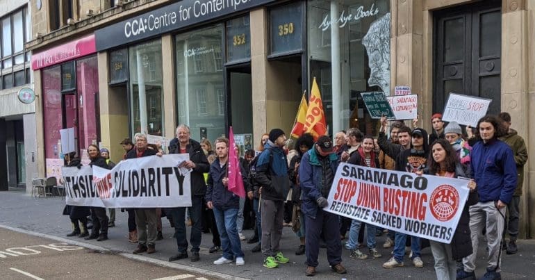 Demonstration outside Glasgow’s Centre for Contemporary Arts (CCA), by the IWW, over the sacking of workers at Saramago bar for union organising