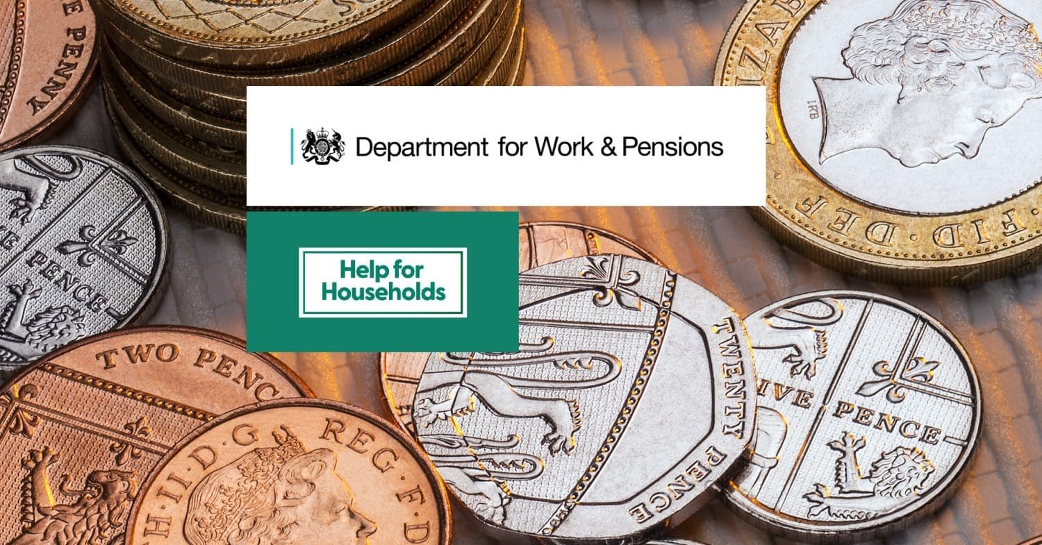 UK coins, the Help for Households second cost of living payment 2023 logo and the DWP benefits logo