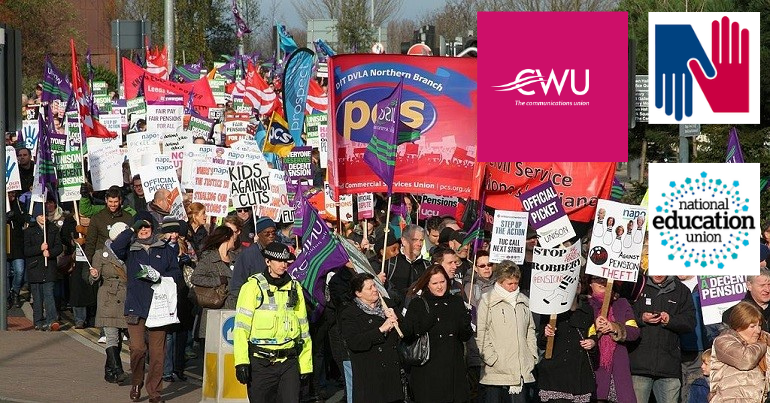 Strikes with the CWU (representing Royal Mail too), NEU and RCN logos agency staff