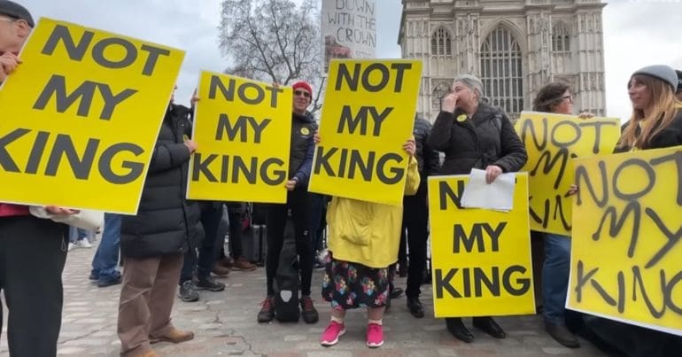 Anti-monarchist protesters hold signs saying 'Not My King' in the run-up to the Met Police enforcing new anti-protest laws Met Police Protest