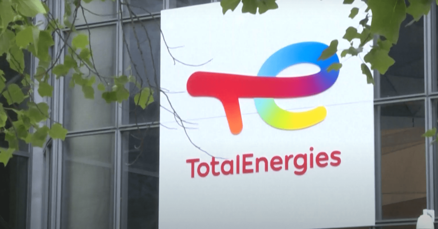 Fossil fuel company TotalEnergies logo on the side of a building. Oil Gas LNG