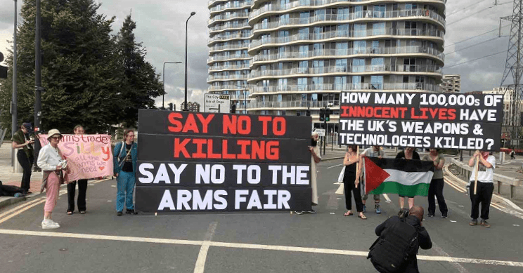A protest at this years DSEI arms fair