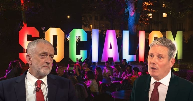 The word socialism lit up with jeremy corbyn and keir starmer TWT
