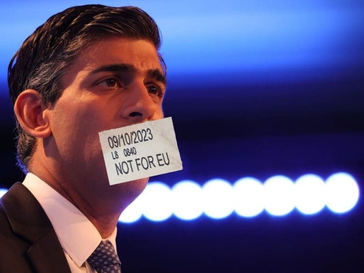 Rishi Sunak with a Not for EU label over his mouth