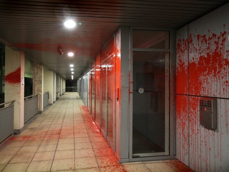 ADS offices covered in blood red paint home office arms fair London Security and Policing