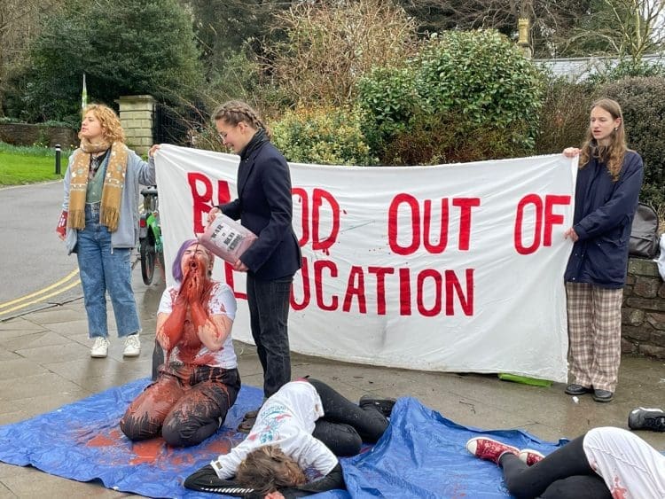 Bristol University arms industry blood out of education protest
