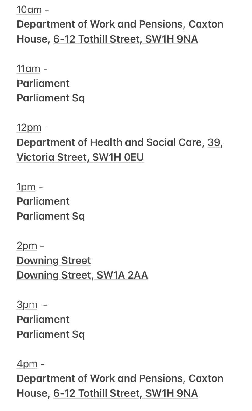 The route of the Long Covid Awareness Day Digivan. It reads: 10am, DWP, 11am, parliament square, 12pm department of health and social care, 1pm, parliament square, 2pm Downing Street, 3pm, parliament, 4pm DWP