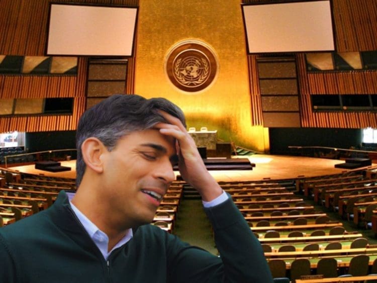 UN general assembly hall with Rishi Sunak inside holding his head with his hand UK government UNCRPD