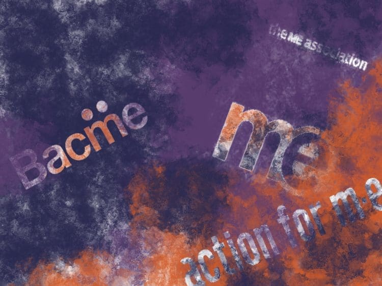 Image in blue, purple, and orange of the ME Association, Action for ME, and BACME logos all blurring together.