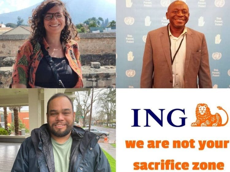 Three community defenders planning to attend ING's AGM. Text with ING's logo reads "We are not your sacrifice zone".