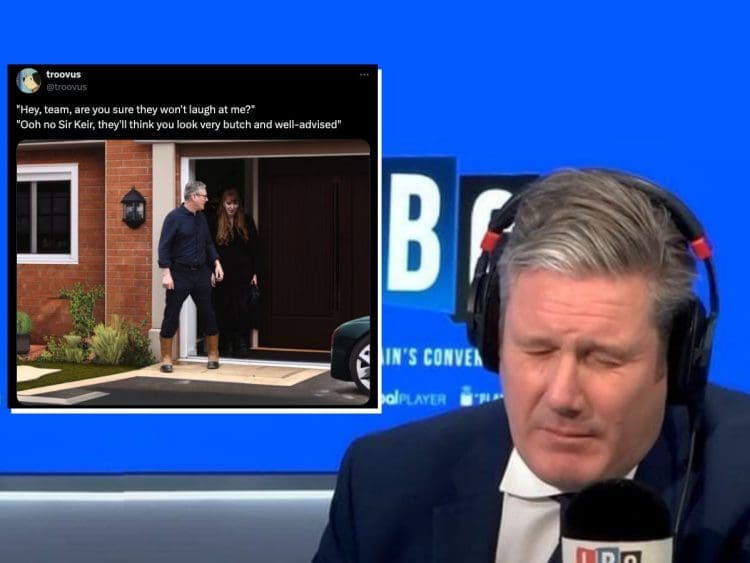 Keir Starmer wincing beside a text message mocking a picture of him in rigger boots
