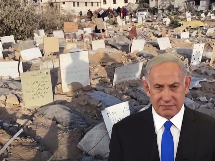 A graveyard outside the Al Shifa hospital with Benjamin Netanyahu looking on Israel conventions
