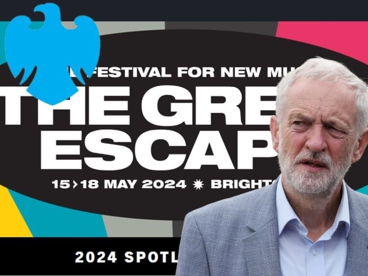 Great Escape music festival logo Barclays logo and Jeremy Corbyn