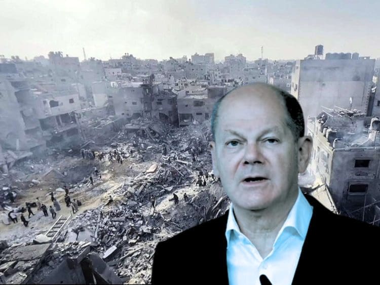 Bombed Gaza and Germany chancellor Israel
