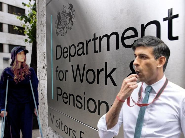 Rishi Sunak blowing a whistle at a woman on crutches next to the DWP sign benefits