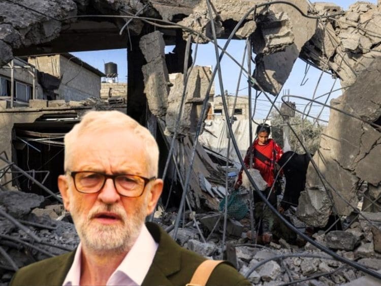 A girl in the rubble in Gaza and Jeremy Corbyn looking on Israel ceasefire