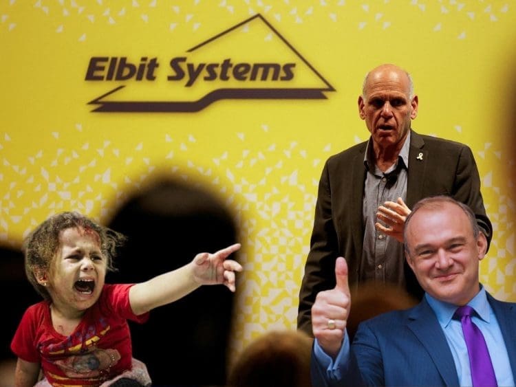 Elbit Systems boss Lib Dem boss and a screaming child Palestine Action Israel