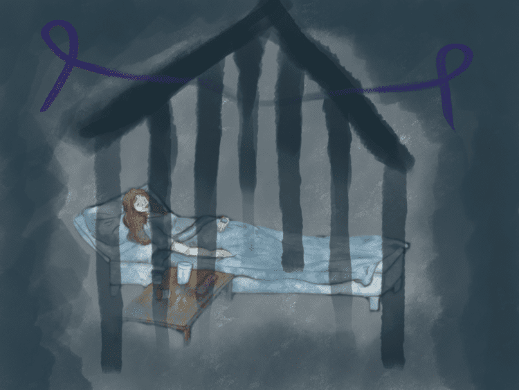Illustration of a severely chronically ill women in bed. A house shape in watercolour surrounds her, with running paint in vertical lines reminiscent of prison bars. A purple domestic violence ribbon runs into a blue ME/long Covid ribbon, intersecting severe ME/CFS Australia