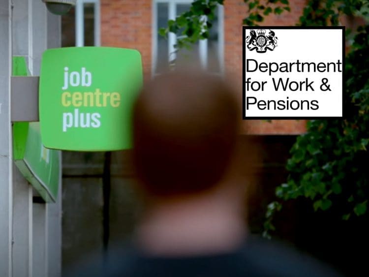 Job Centre sign and the DWP logo Universal Credit benefits migration