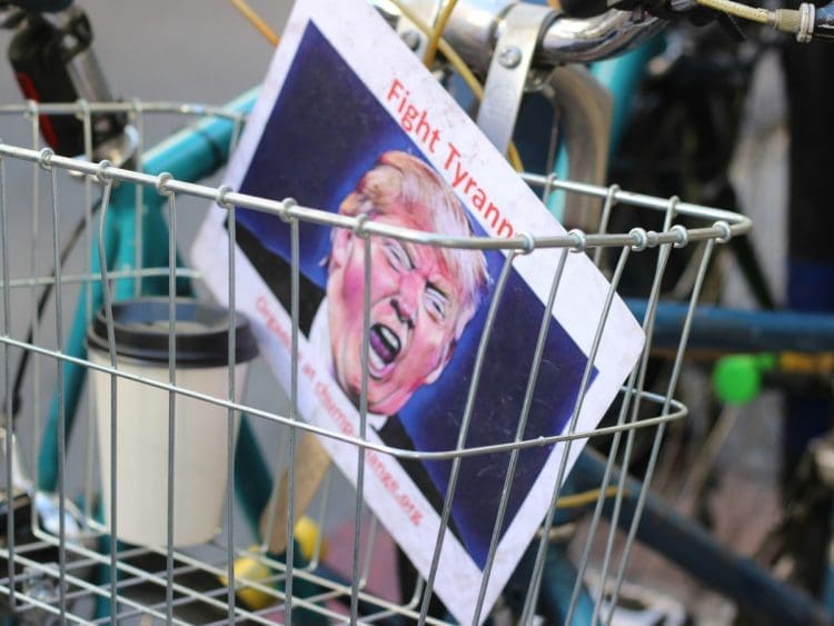 A poster at a protest features an image of Donald Trump with the headline "fight tyranny!"