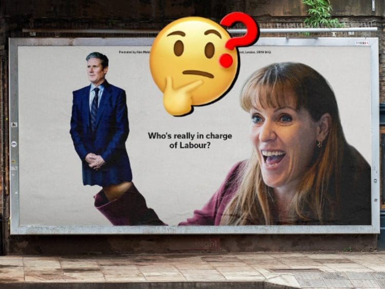 Tories attack ad in which a giant Angela Rayner is holding a hand puppet Keir Starmer. The 'confused face' emoji is superimposed over the image general election