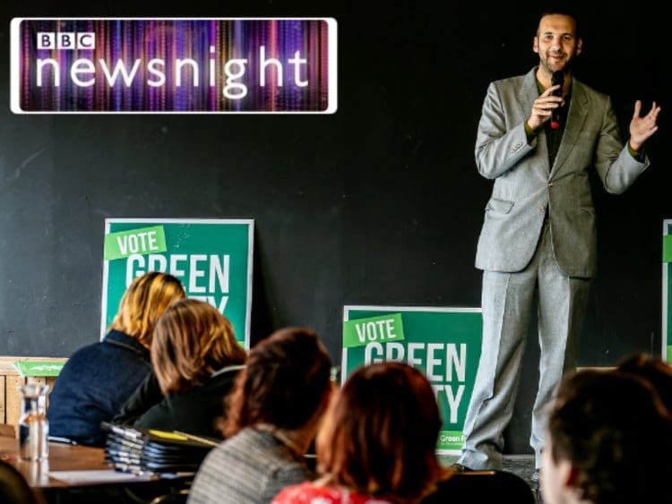 Green Deputy Zack Polanski and the BBC Newsnight logo general election