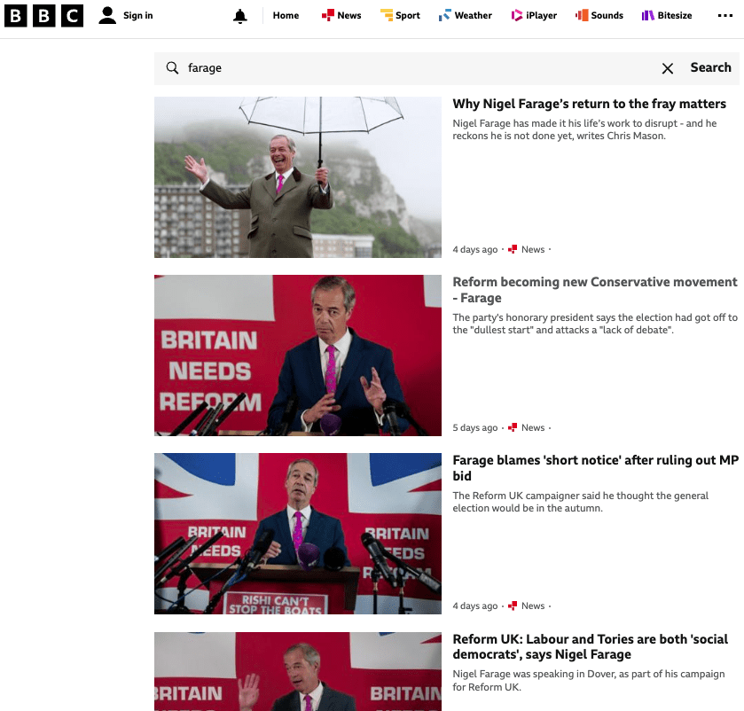 Recent BBC articles covering Nigel Farage