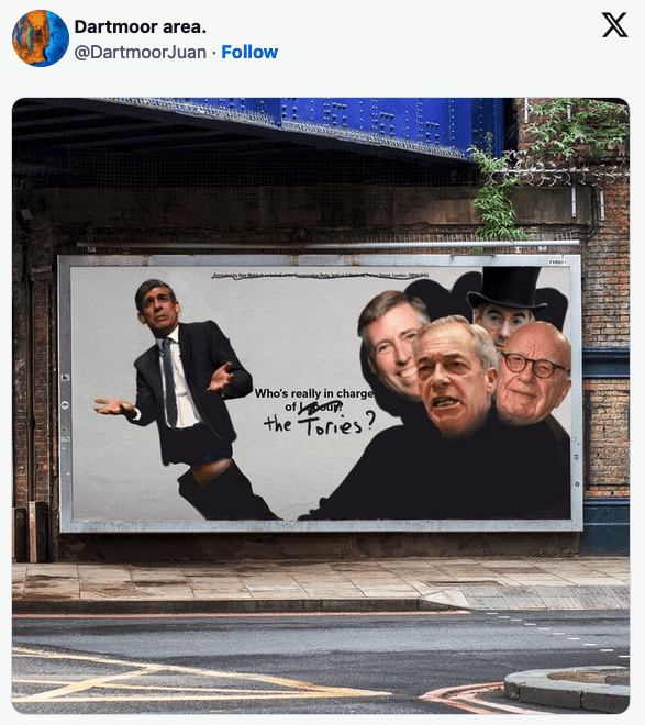 A version of the Tory attack ad in which Rishi Sunak is the puppet, with puppeteers including Rupert Murdoch, Nigel Farage, Jacob Rees Mogg, and others