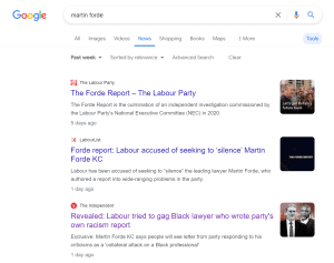Google search results showing just the Independent's story and Labourlist's link, as well as a Labour Party page for the Forde report.