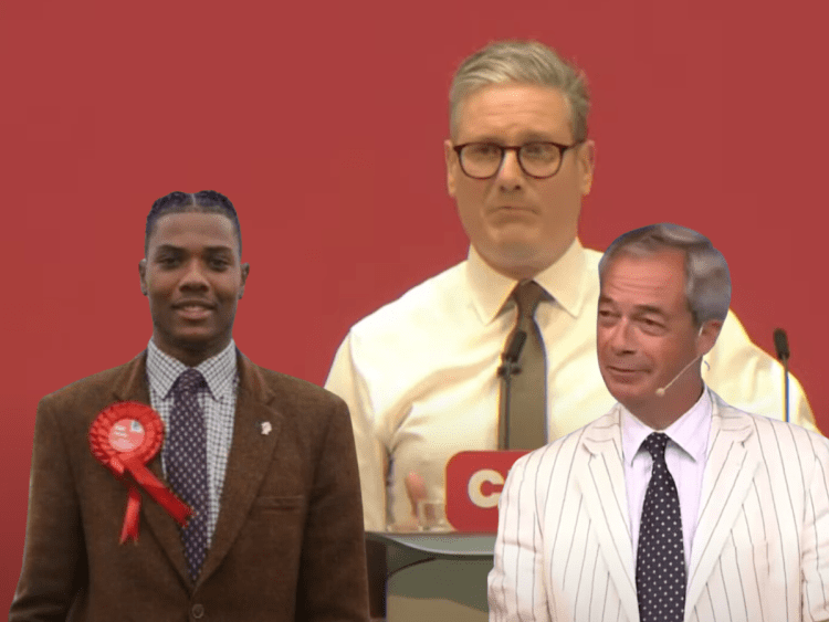 Labour leader Keir Starmer looking towards Clacton candidate Jovan Owusu-Nepaul, and a smirking Nigel Farage.