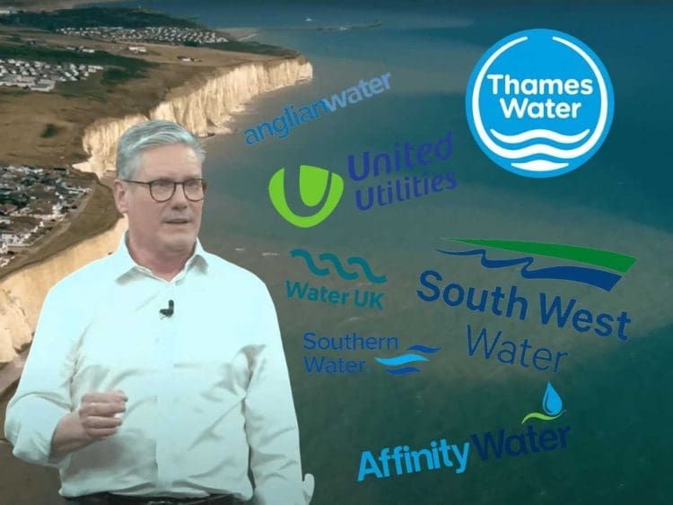 Pollution pouring into the ocean. Keir Starmer surrounded by water company logos Labour water industry