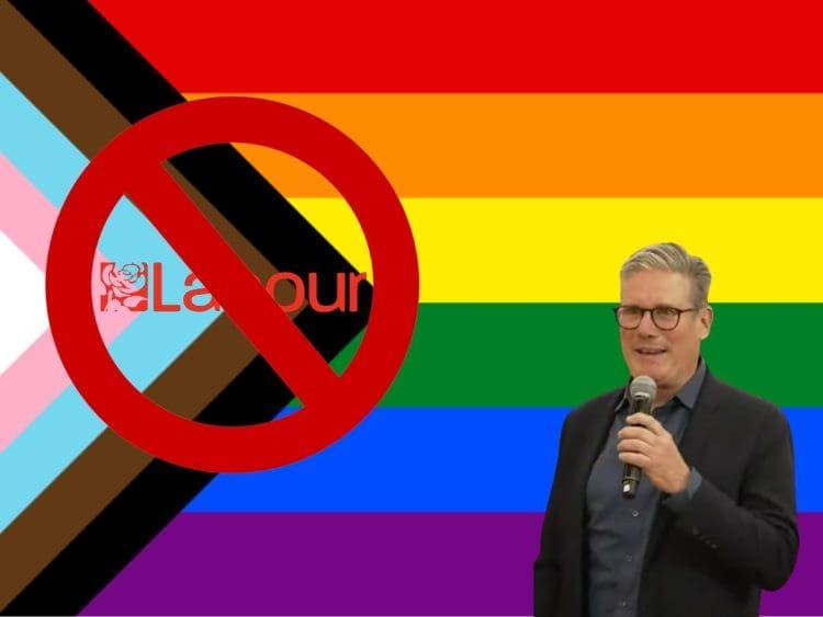 Pride flag, with Keir Starmer stood in front. Labour logo with a bold stop sign over it Starmer LGBTQ+