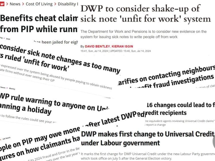Selection of clickbait headlines about the DWP and benefits from Reach Plc publications DWP Universal Credit Labour
