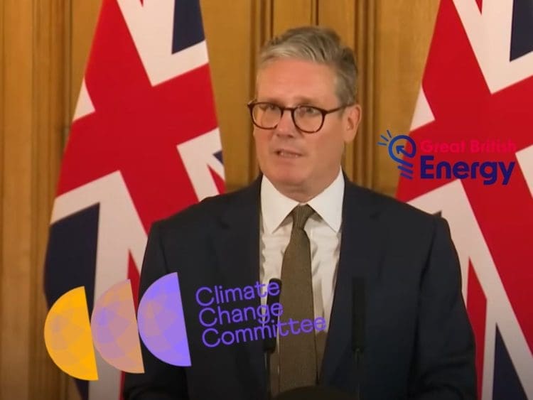 Prime minister Keir Starmer with the Climate Change Committee, and Great British Energy logos.